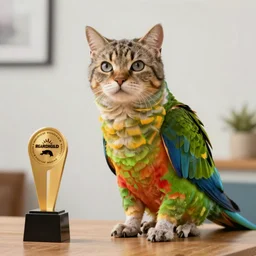 a photo of a cat parrot hybrid, sitting on a table, 4k, highly detailed, award winning photo