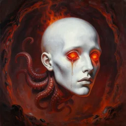 painting by greg rutkowski of a flying human head with tears running down it's face face that is chalk white in color, with tentacles coming of the neck, fiery scorching red eyes, flying in a terrying hell like cavernous place
