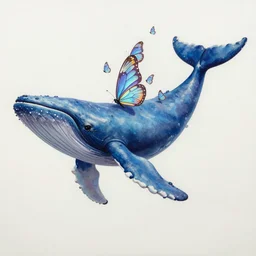 hand drawn painting of a fictional flying spirit blue whale, it has tiny multiple holographic butterfly wings on its backside, photo, photorealistic, detailed, 8 k, hdr, high quality, high resolution, lossless quality, lossless, 4 k, 1 6 k, octane render quality, psychedelics, featured on artstation, the whale is inspired by subreddit / r / whale, by mohamed solah, art limited whale by bahar moumivand, by yuzuko sudo
