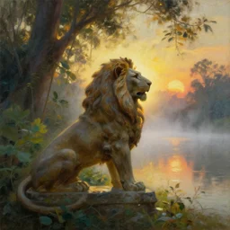 backlight on lion statue covered with fog in lake in jungle with  backlight , sunset  oil painting panorama by  frazetta