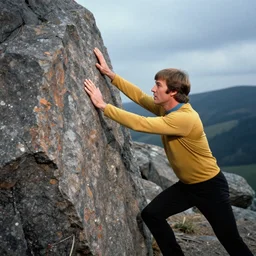 william shatner awkwardly pressed against a rock, trying to make passionate love to the mountain, photo from the set of star trek 1970, 35mm television film