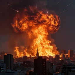 a photograph photo of a city being scorched by holy fire from the sky and meteors