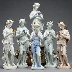 A vivid porcelain composition of diverse classical figurines staring down at their iphones, Tamron SP 90mm F/2.8 Di VC USD Macro
