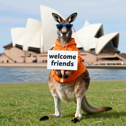 a portrait photo of a kangaroo wearing an orange hoodie and blue sunglasses standing on the grass in front of the sydney opera house ( ( ( ( ( ( ( ( ( ( holding a sign on the chest that says welcome friends ) ) ) ) ) ) ) ) ) ), subject : kangaroo, subject detail : wearing orange hoodie, wearing blue sunglasses, subject location : sydney opera house, subject action : ( ( ( ( ( ( ( ( ( ( holding sign ) ) ) ) ) ) ) ) ) )