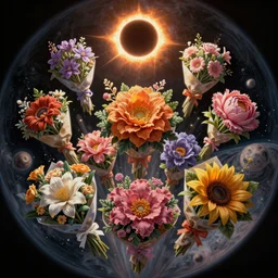 An epic fantastic realism comic book style painting of the most beautiful flowers launched into space, bouquets, solar eclipse, fisheye, unreal 5, DAZ, hyperrealistic, octane render, dynamic lighting
