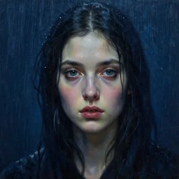 highly detailed portrait of beautiful young woman, in the rain, highly detailed, painting, dark blue and black color palette, intricate, high quality oil painting artstyle, in the style of leonid afremov, deviantart, figurative art, deviantart, ilya kuvshinov, lovecraftian, very detailed face, portrait