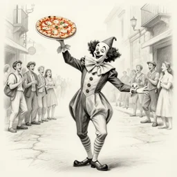 pulcinella dancing drunk through the street of naples waving a pizza!! margherita, amused people in the background, detailed pencil sketch by silvio fiorillo, from commedia dell'arte