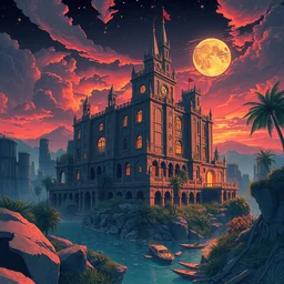 a beautiful detailed anime illustration of castle abandoned building city urbex industrial architecture unfinished building by denise scott brown, retro water fisheye futuristic uv light vice city san andreas wilderness desert nightsky infrared darkacademia sunset rainforest biopunk vaporwave steampunk, archdaily, wallpaper, highly detailed, trending on artstation.