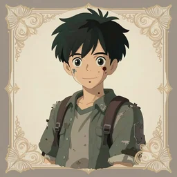 urban school zombie boy in tattered clothes fanart, dark green short hair, muted colors, matte print, pastel colors, ornate, digital art, cute smile, digital painting, fan art, elegant, pixiv, by Ilya Kuvshinov, by Studio Ghibli