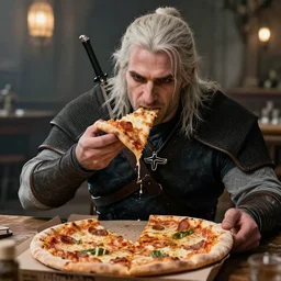geralt from the witcher eating a pizza