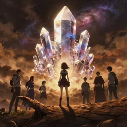 isekai masterpiece by mandy jurgens, irina french, rachel walpole, ross tran, illya kuvshinov, deeznutz, and alyn spiller of an anime woman standing tree log looking up at giant crystals, nebula night, cinematic, very warm colors, intense shadows, ominous clouds, anime illustration, anime screenshot composite background