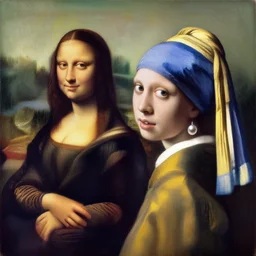 painting of the girl with the pearl earring together with mona lisa by andy warhol, painting, oil on canvas, beautiful painting
