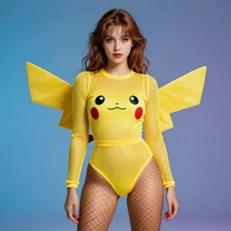 color portrait of an attractive girl wearing a mesh costume of pikachu and fishnet stockings, by tsuaii and Wojtek Fus, Trending artstation, cinematográfica, digital Art