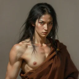 portrait of a monk woman, muscular, wild, upper body, D&D, fantasy, intricate, cinematic lighting, highly detailed, digital painting, artstation, concept art, smooth, sharp focus, illustration, art by Hajime Sorayama