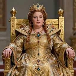 a very beautiful and authoritative dwarven queen on her throne, chubby stocky plump, very intricate braided hair, royal brocade dress, by donato giancola, giotto, gemstones and gold, 4 k, soft lighting, vibrant, sharp focus, detailed, realistic