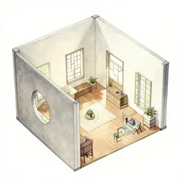 impossible interior architectural diagram of a house of leaves, watercolor polycount