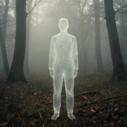 an old photograph of a semi - transparent figure standing alone in a foggy forest, harsh lighting