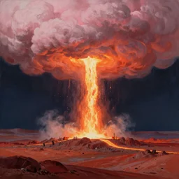 molten iron raining down from pinkish clouds high above the atmosphere of planet, reddish landscape, realist painting