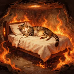 cat laying on bed in under ground base, concept art, by greg rutkowski, fire