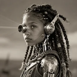 futuristic himba young woman, glowing mechanical eye camera, mechanical limbs, cybernetic dreadlocks, realistic sci - fi concept art, dramatic lighting, intricate, depth of field, sepia