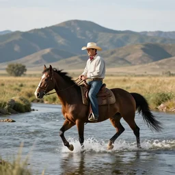 a cowboy on a horse crossing a river with mountains in the background in realism