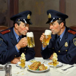two old police detectives talking about a case over beer and a meal, by shigenori soejima, by frank frazetta, digital painting masterpiece, beautiful brush strokes, advanced lighting technology, symmetry!!!