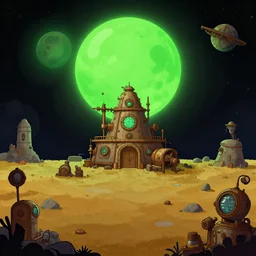 in front of a remote human outpost on a remote planet with a green sun, from a space themed point and click 2 d graphic adventure game, art inspired by steampunk and thomas kinkade