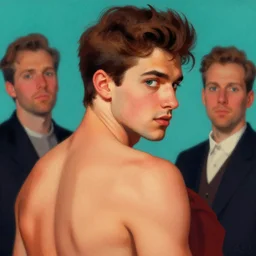 attractive male, over - the - shoulder shot, vaporwave, painting by gaston bussiere, craig mullins, j. c. leyendecker