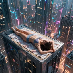 a girl laying on a beach towel on top of a building looking down at futuristic new york city, cyberpunk, ghostpunk, sci - fi, neon lights, octane render