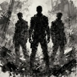 painting of the dark figures of three people in a post apocalyptic scenery, high contrast, concept art, dramatic lighting, digital art, 8 k, extremely detailed, drawn by ruan jia