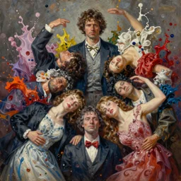 men and women in expansive clothes changing their heads, collapse, colour splashes, mid shot, extremely high details quality, bao phan, viktor safonkin, bruce pennington, larry elmore, intricate, hyperrealistic oil painting on canvas, deep depth field, hd, hdr, 4 k, 8 k