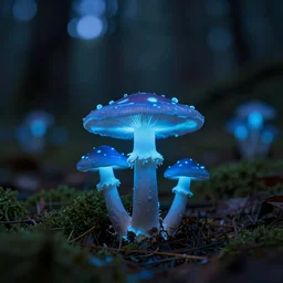 blue forest, glowing mushrooms, sigma lens, strong bokeh, photography, highly detailed, 8 5 mm, f / 1. 3, night time, surreal