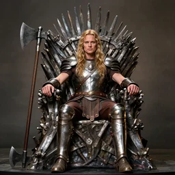 bridget moynihan as king conan, directed by john millius, photorealistic, sitting on a metal throne, wearing ancient cimmerian armor, a battle axe to her side, cinematic photoshoot in the style of annie leibovitz, studio lighting