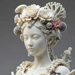 hyper detailed ultra sharp portrait of a beautiful porcelain ivory woman, well contoured smooth skin, up close shot, sharp focus, global illumination, biomechanical headdress made of flowers, cyberpunk brackets, sponge corals, mushrooms, silver puffballs, silver white red rhizomorphs, alexandre ferra white mecha, irakli nadar, octane highly render, 4 k, ultra hd,