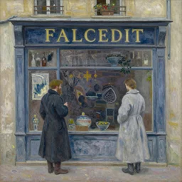 the alchemist's storefront by greg rutkowski and claude monet, oil on canvas