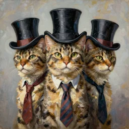 impressionistic painting of cerberus as a cat with three heads, wearing several top hats and ties in the style of  Francisco Goya and Frans Snyders