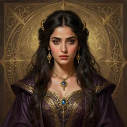 head-on centered symmetrical painted portrait, Mahira Khan as a D&D wizard, intricate fantasy robes, fantasy, intricate, elegant, highly detailed, digital painting, smooth, sharp focus, illustration, artstation, in the style of Artgerm and Anna Podedworna and Alex Ross