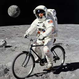 portrait of an astronaut riding a bicycle on the moon!! retro 8 0 s, colourful, realistic illustration, art by peter elson,