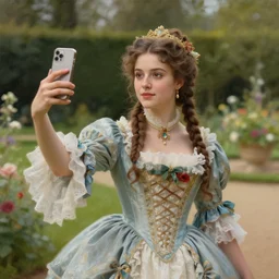 upper body portrait of a beautiful maiden in an expensive victorian dress holding taking a selfie in a royal garden, award winning, masterpiece digital painting by greg rutkowski, alex grey, artstation, 4 k wallpaper,