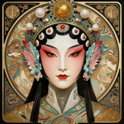 portrait of a machine from horizon zero dawn, machine face, upper half portrait, decorated with chinese opera motifs, asian, bian lian, traditional chinese art, intricate, elegant, highly detailed, symmetry, digital painting, artstation, concept art, smooth, sharp focus, illustration, art by artgerm and greg rutkowski and alphonse mucha, 8 k