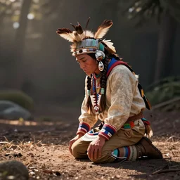 native american kneeling down looking at the ground, looks like pixar movie, detailed