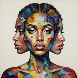 symmetrical portrait of a beautiful black woman, her skin made with colorful mixed media collage patterns, abstract, by picasso and greg rutkowski, intricate detail, hyper detailed painting, surreal, 8 k,