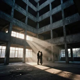 realistic interior of a brutalist architecture building, (((((two blurred silhouettes kissing in the distance))))), Godrays at sunset, hard shadows, volumetric fog, Hyper realistic film photography, Zeiss 24mm f2.8, Hasselblad, insanely detailed, sharp focus
