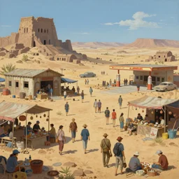painting of a dystopian desert marketplace that was once the american south, focus on merchant stands and customers, busy, bustling, vibrant, ancient ruins, sandy, ruined gas station and cars, by ruan jia, by conrad roset, by yoshitaka amano, cgsociety, artstation, portfolio quality.