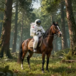 american astronaut in an indian forest riding a beautiful horse, elegant scene, wide angle, cinematic lighting, atmospheric, ultrarealistic, trending on artstation, cgsociety, highly detailed, color graded, in the style of craig mullins, rendered in Unreal Engine 4k HQ, horizon forbidden west
