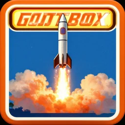 rocket launch, matchbox label style,
