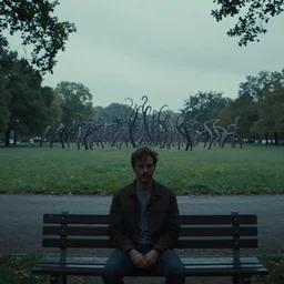 a film still of a man sitting on a bench in a park, evil moody lighting, wide shot, hundreds of tentacles are rising out of the ground in the distance, found footage, film grain, chromatic aberration