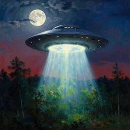 a flying saucer emitting ethereal light, having above a forest, full moon, scattered clouds, masterpiece, dramatic light and shadow, saturated colors, ciaroscuro. painted by anders zorn