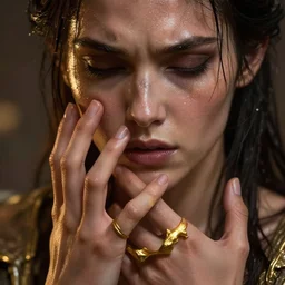 epic masterpiece torment, drama, sweaty skin, hyperrealistic, octane render, cinematic, beautiful face and flawless skin, perfect hands, 5 fingers,  gold by Edgar Maxence, Legends of Runeterra