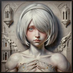 hybrid nierautomata painting, ambient lighting, infinitely detailed and symmetrical face, cute and fine face and body. angel relief, fine art, infinitely detailed architectures